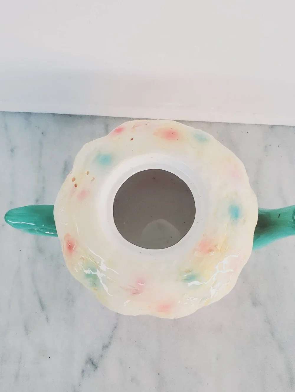 Cupcake Teapot Sprinkles Cherry Lid Ceramic Green Multi Colored Pastel Vintage